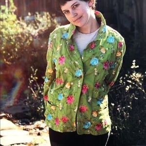 { Beautiful Embroidered Floral Green Jacket }
